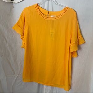 Liz Claiborne yellow blouse with sleeve and neckline detail.